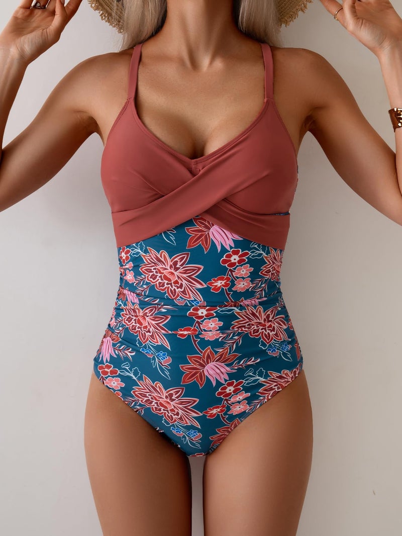 B2prity Women's One Piece Swimsuits Tummy Control Front Cross Bathing Suits Tie Back Slimming V Neck Swimwear - Image 2