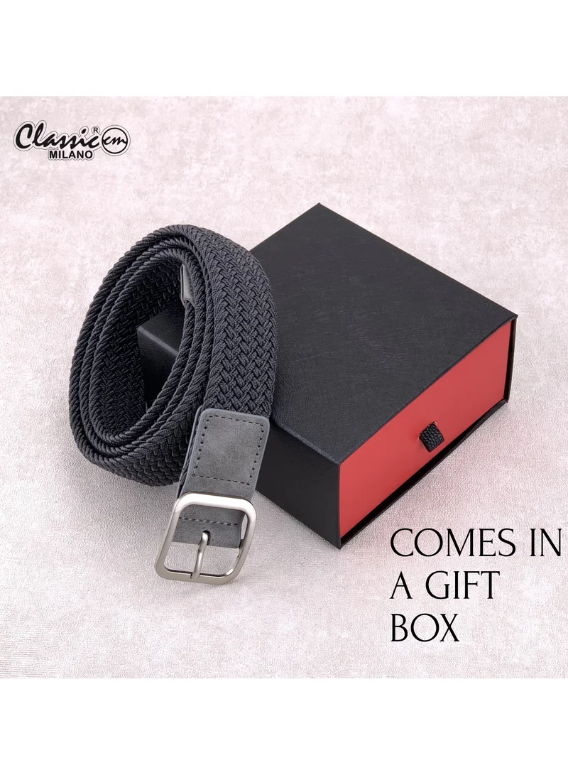 Classic Milano Grey (DWE-314) Classic Milano Braided Cotton Elastic Stretch Belt for Men & Women, Woven Canvas Web Belt with Gift Box, Adjustable Men's Belt | Full Length: 110CM (Free Size - Fits up to the waist of 40 Inches / 100 CM)  | Best Price UAE