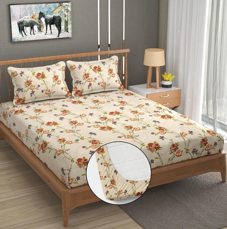 Furnofy 140 GSM Fitted Bedsheet (L-78 x B-72 + 6" Pocket) with 2 Pillow Covers - Fitted, Floral Print, Soft & Stretchable - Image 1