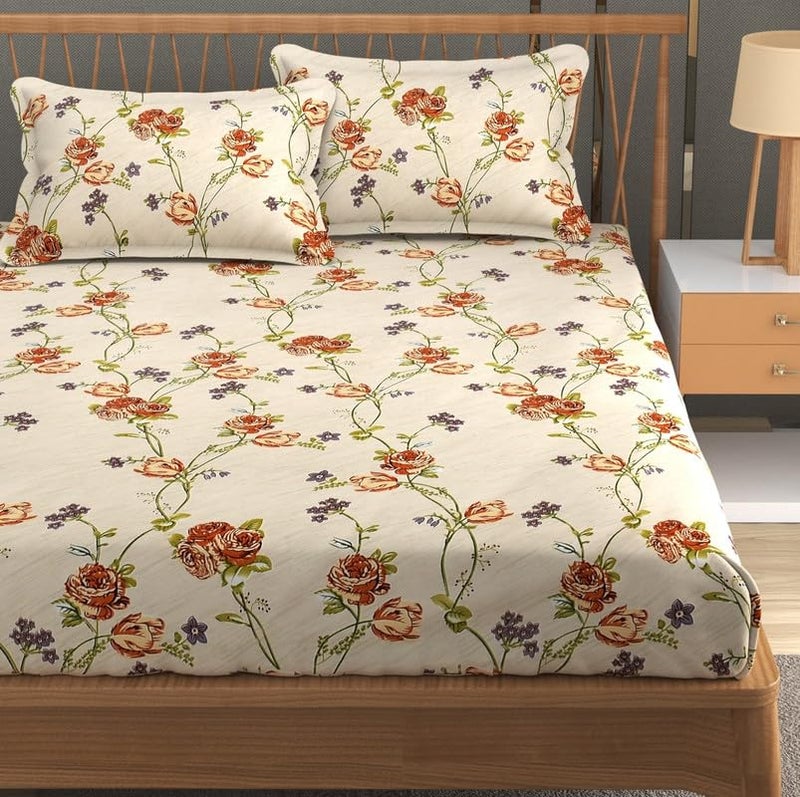 Furnofy 140 GSM Fitted Bedsheet (L-78 x B-72 + 6" Pocket) with 2 Pillow Covers - Fitted, Floral Print, Soft & Stretchable - Image 2