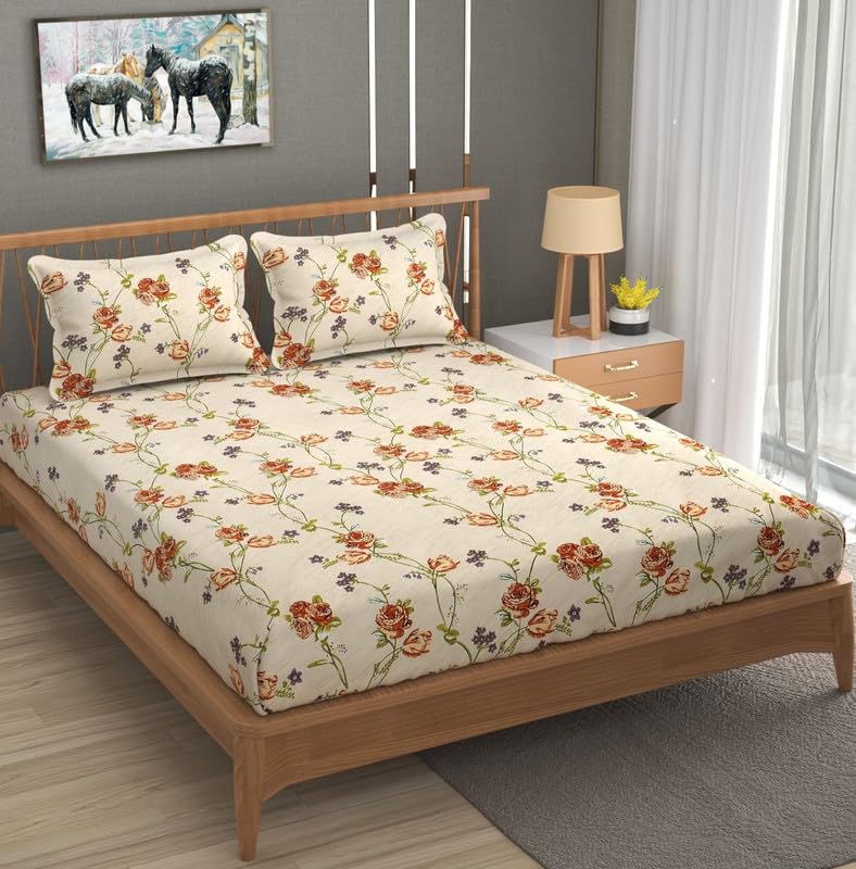 Furnofy 140 GSM Fitted Bedsheet (L-78 x B-72 + 6" Pocket) with 2 Pillow Covers - Fitted, Floral Print, Soft & Stretchable - Image 3