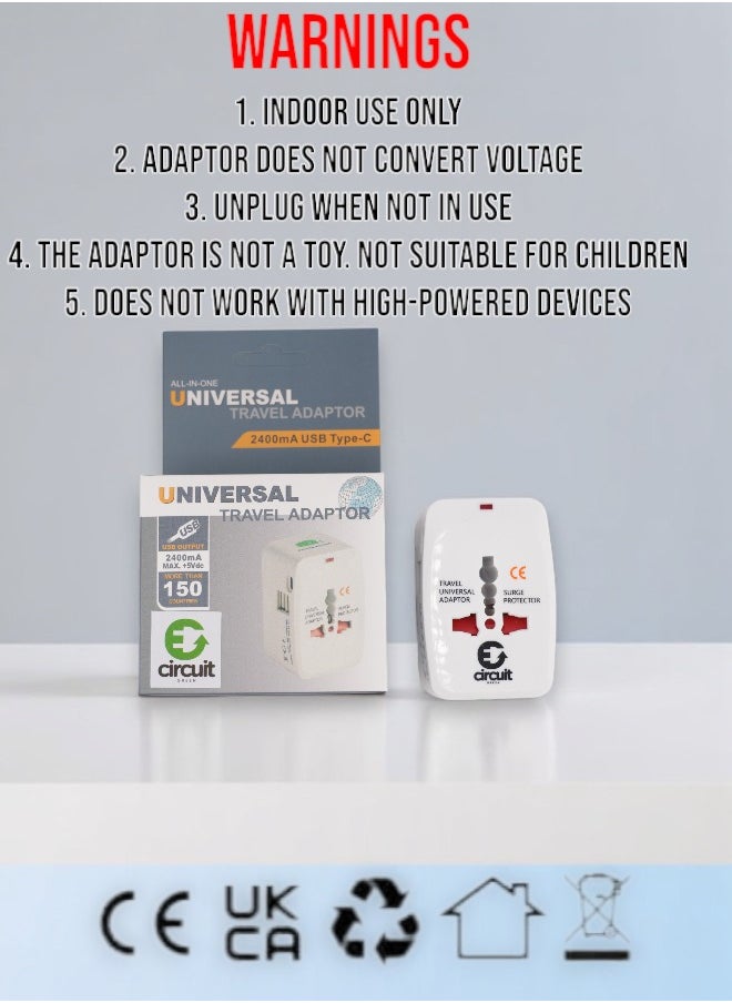 Circuit Green - Universal Travel Adapter Type C, World Travel Power Plug With 2 USB, All In One Travel Plug Adapter For EU/US/UK/AU Compatible With iPhone/Samsung (White) - Image 1