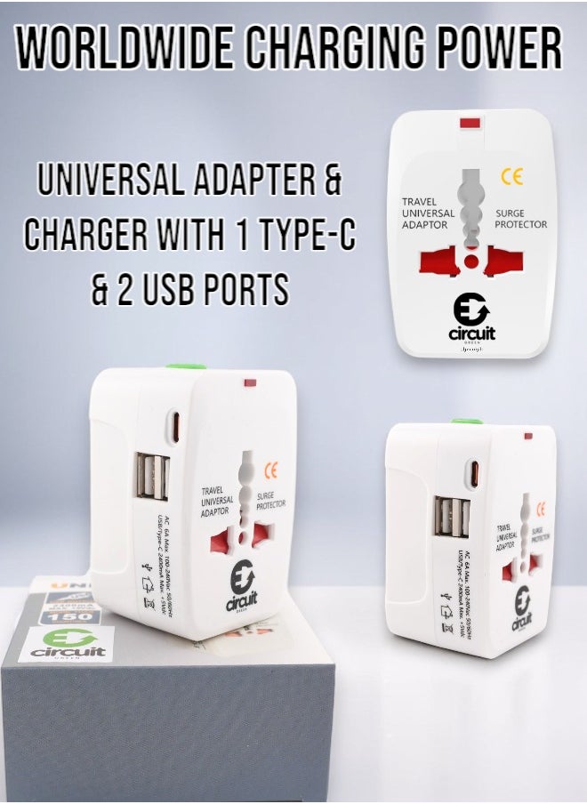 Circuit Green - Universal Travel Adapter Type C, World Travel Power Plug With 2 USB, All In One Travel Plug Adapter For EU/US/UK/AU Compatible With iPhone/Samsung (White) - Image 1