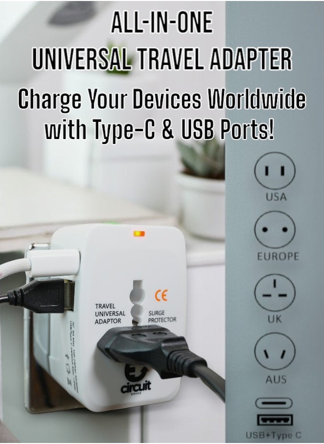 Circuit Green - Universal Travel Adapter Type C, World Travel Power Plug With 2 USB, All In One Travel Plug Adapter For EU/US/UK/AU Compatible With iPhone/Samsung (White) - Image 1