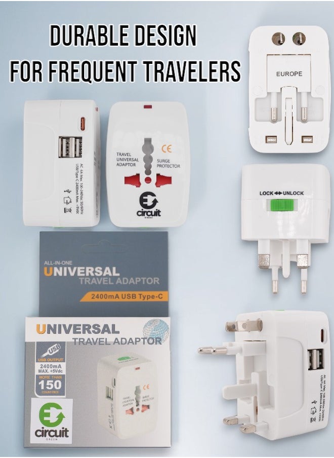 Circuit Green - Universal Travel Adapter Type C, World Travel Power Plug With 2 USB, All In One Travel Plug Adapter For EU/US/UK/AU Compatible With iPhone/Samsung (White) - Image 1