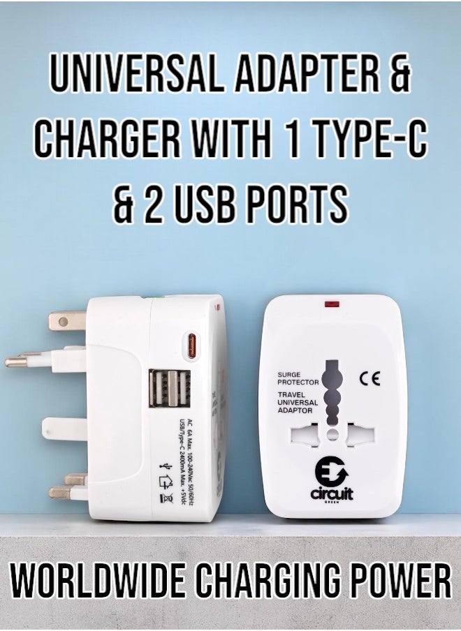Circuit Green Universal Travel Adapter Type C, World Travel Power Plug With 2 USB, All In One Travel Plug Adapter For EU/US/UK/AU Compatible With iPhone/Samsung (White)  - Image 4