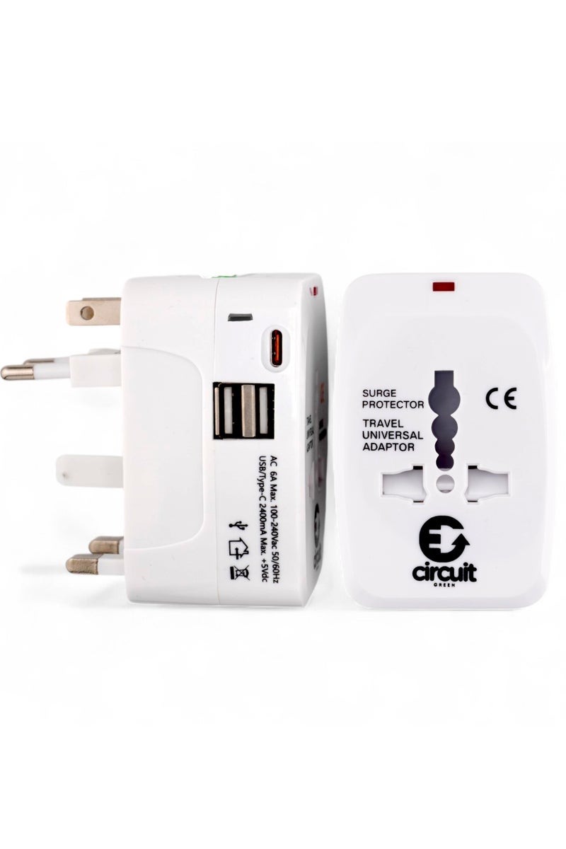 دائرة خضراء محول سفر عالمي من النوع C، قابس طاقة للسفر حول العالم مع منفذي USB، محول قابس سفر الكل في واحد للاتحاد الأوروبي/الولايات المتحدة/المملكة المتحدة/أستراليا متوافق مع iPhone/Samsung (أبيض) - Image 1