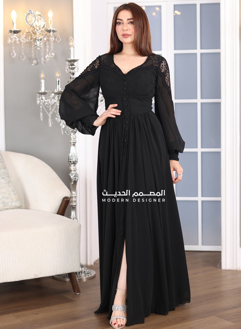 Modern Design An elegant design occasion dress with long transparent sleeves with a slit at the bottom to show the beauty of the dress. The dress comes with elegant pleats to make the dress look with the most beaut  - Image 1