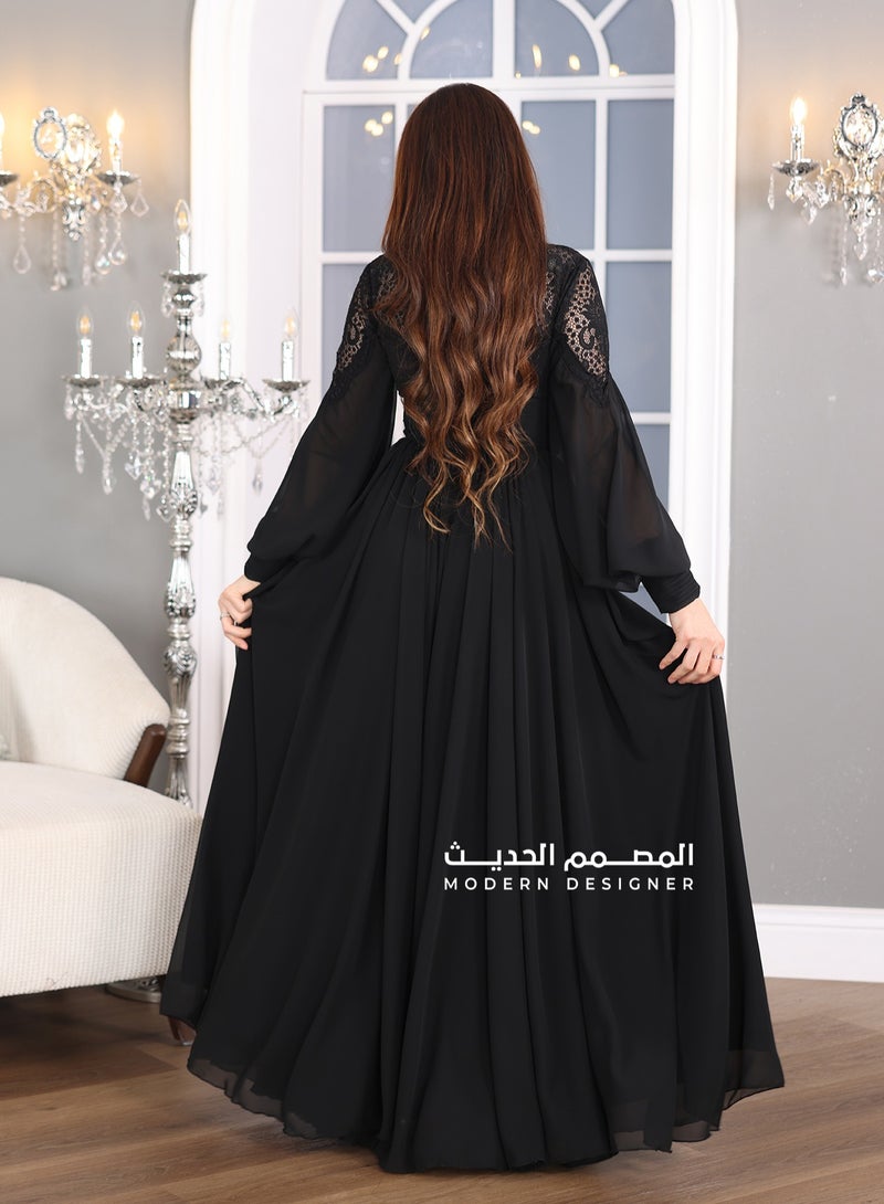 Modern Design An elegant design occasion dress with long transparent sleeves with a slit at the bottom to show the beauty of the dress. The dress comes with elegant pleats to make the dress look with the most beaut  - Image 3
