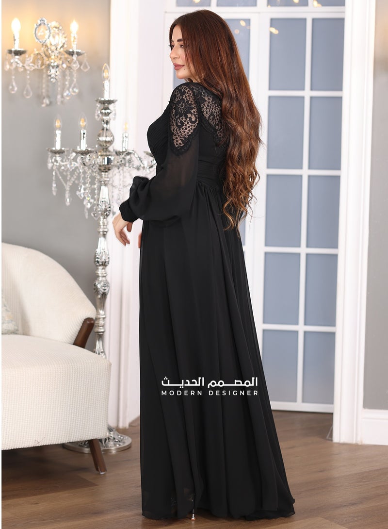 Modern Design An elegant design occasion dress with long transparent sleeves with a slit at the bottom to show the beauty of the dress. The dress comes with elegant pleats to make the dress look with the most beaut  - Image 2