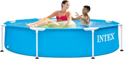 Intex 8 Foot x 20 Inch Round Metal Frame Above Ground Swimming Pool with Reinforced Sidewalls, Blue 244x51cm