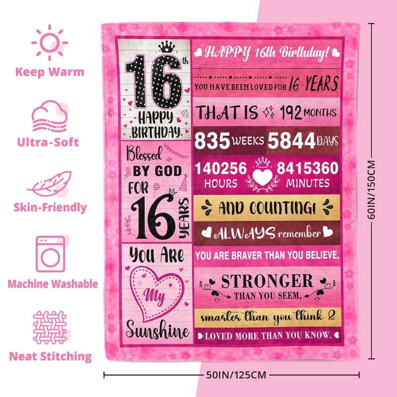 PVDSAVE 16th Birthday Gifts for Girls - Sweet 16 Gifts for Girl - 16 Birthday Decorations for Girls - Sixteen YR Bday Gift for Girl Daughter Granddaughter Niece Sister Ideas Blanket 50"x60" - Image 4