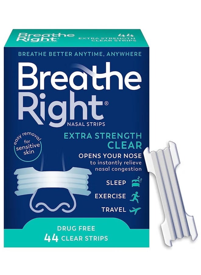 Breathe Right Extra Clear Nasal Strips for Nasal Congestion Relief, 44 Count (Pack of 1) - Packaging May Vary