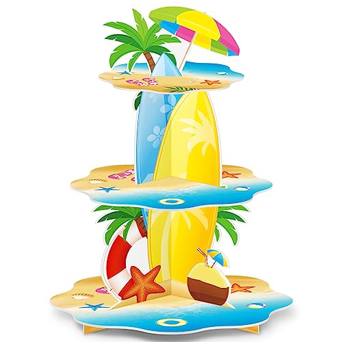 BenLouis Summer Beach Luau Hawaiian Cupcake Stand Decorations 3 Tier Pool Theme Cake Holder Dessert Stand Tower for Kids Office Classroom Beach Birthday Party Baby Shower Wedding Party Supplies - Image 1