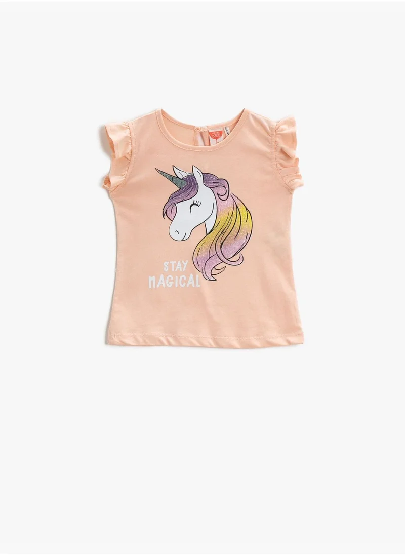 KOTON Ruffled Sleeves Cotton T-Shirt Unicorn Patterned