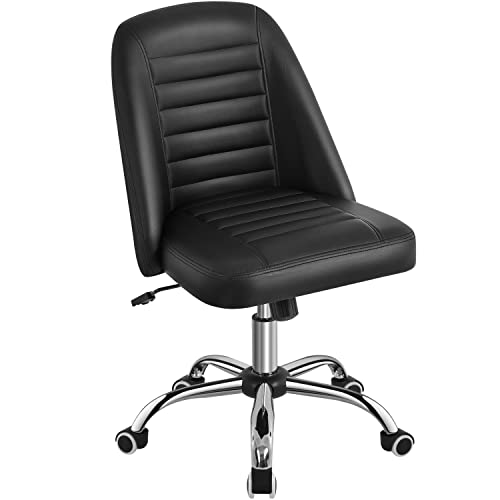 Yaheetech Mid Back Faux Leather Office Desk Chair Modern Vanity Chair Armless Swivel Chairs wLumbar Support Black