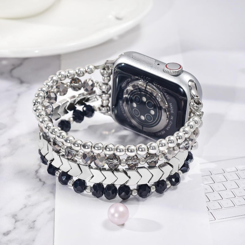 MOFREE Beaded Bracelet Compatible with Apple Watch Band 38mm/40mm/41mm/42mm, Fashion Elastic Stretch Women Bands for iWatch Series 11/10/9/8/7/SE/6/5/4/3/2/1 iPhone Watch Strap Bands (Black/Silver) - Image 2