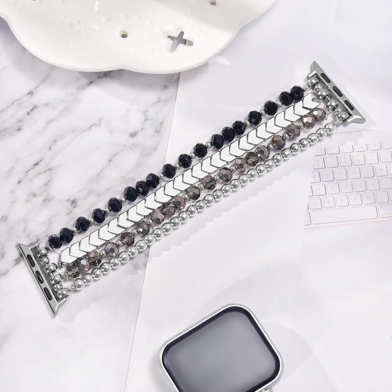 MOFREE Beaded Bracelet Compatible with Apple Watch Band 38mm/40mm/41mm/42mm, Fashion Elastic Stretch Women Bands for iWatch Series 11/10/9/8/7/SE/6/5/4/3/2/1 iPhone Watch Strap Bands (Black/Silver) - Image 4