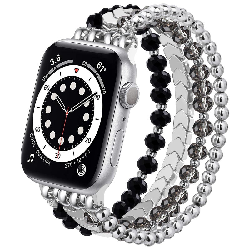MOFREE Beaded Bracelet Compatible with Apple Watch Band 38mm/40mm/41mm/42mm, Fashion Elastic Stretch Women Bands for iWatch Series 11/10/9/8/7/SE/6/5/4/3/2/1 iPhone Watch Strap Bands (Black/Silver) - Image 1