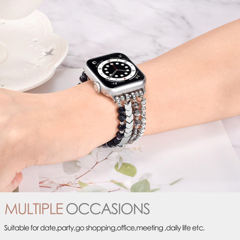 MOFREE Beaded Bracelet Compatible with Apple Watch Band 38mm/40mm/41mm/42mm, Fashion Elastic Stretch Women Bands for iWatch Series 11/10/9/8/7/SE/6/5/4/3/2/1 iPhone Watch Strap Bands (Black/Silver) - Image 5