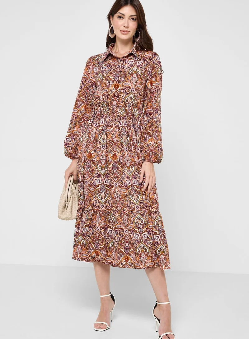 boohoo Paisley Print Tiered Dress