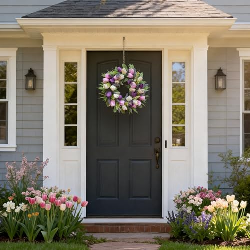 CIR OASES Spring/Summer Wreaths for Front Door,Purple Tulip Wreath for Decoration, 22 Inch Door Wreaths Indoor Outdoor for Party Holiday Farmhouse Wedding Home Wall Window Decor - Image 5