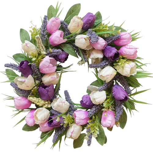 CIR OASES Spring/Summer Wreaths for Front Door,Purple Tulip Wreath for Decoration, 22 Inch Door Wreaths Indoor Outdoor for Party Holiday Farmhouse Wedding Home Wall Window Decor - Image 1