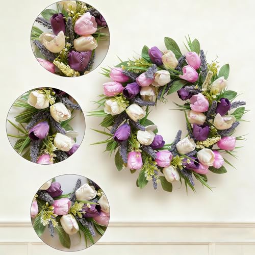 CIR OASES Spring/Summer Wreaths for Front Door,Purple Tulip Wreath for Decoration, 22 Inch Door Wreaths Indoor Outdoor for Party Holiday Farmhouse Wedding Home Wall Window Decor - Image 2
