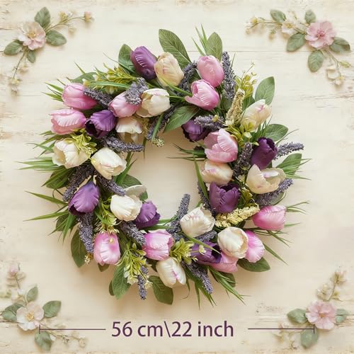 CIR OASES Spring/Summer Wreaths for Front Door,Purple Tulip Wreath for Decoration, 22 Inch Door Wreaths Indoor Outdoor for Party Holiday Farmhouse Wedding Home Wall Window Decor - Image 3