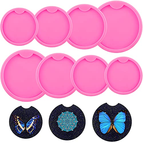 Romooa 8 Pieces Car Coaster Mold DIY Round Coaster Resin Silicone Mold Epoxy Casting Silicone Keyring for Cup Mats, Home Decoration, Pink, 6.5 Cm, 7.5 Cm,8.5cm, 10cm Diameter - Image 1