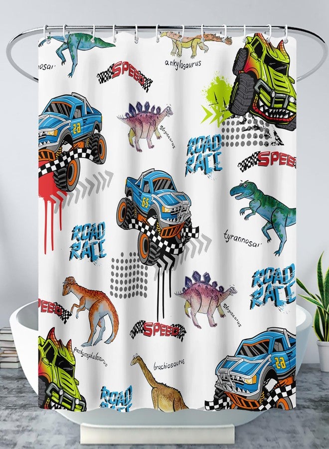 AILONEN Kids Truck Dinosaur Shower Curtain for Bathroom,Blue Cartoon Monster Truck Themed Waterproof Bath Curtain 48" W x 72" H for Boys Teens - Image 1