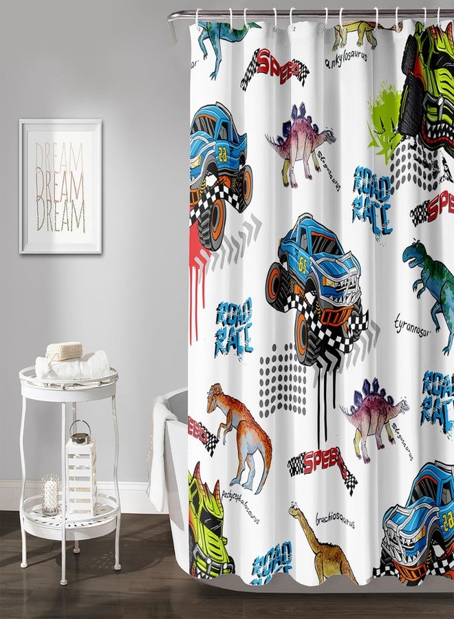 AILONEN Kids Truck Dinosaur Shower Curtain for Bathroom,Blue Cartoon Monster Truck Themed Waterproof Bath Curtain 48" W x 72" H for Boys Teens - Image 2