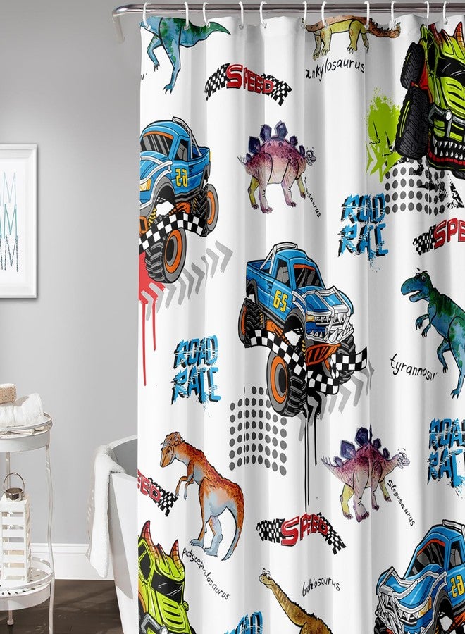 AILONEN Kids Truck Dinosaur Shower Curtain for Bathroom,Blue Cartoon Monster Truck Themed Waterproof Bath Curtain 48" W x 72" H for Boys Teens - Image 3