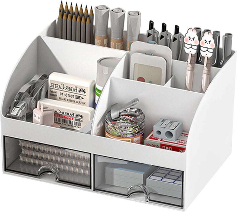 SAGREENY Mini Desk Organizer, Plastic Makeup Vanity Organizer Box, Desktop Pencil Card Holder For Desk Storage, Desk Organization With 6 Compartments And 2 Drawersfor School, Home, Office - Image 1