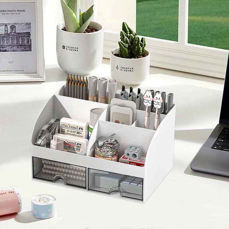 SAGREENY Mini Desk Organizer, Plastic Makeup Vanity Organizer Box, Desktop Pencil Card Holder For Desk Storage, Desk Organization With 6 Compartments And 2 Drawersfor School, Home, Office - Image 5