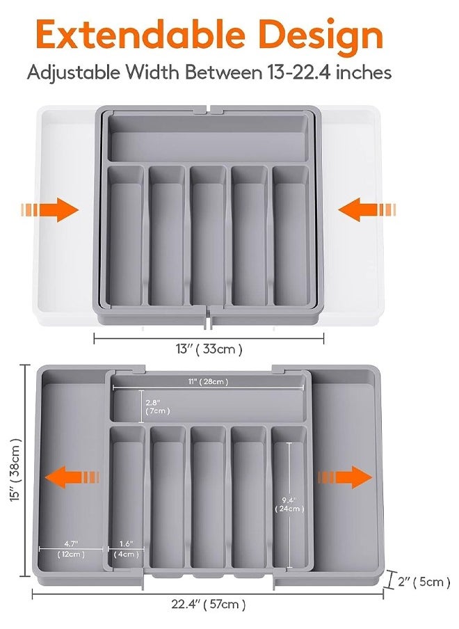 Silverware Drawer Organizer, Expandable Utensil Tray for Kitchen, BPA Free Flatware and Cutlery Holder, Adjustable Plastic Storage for Spoons Forks Knives, Large, Grey