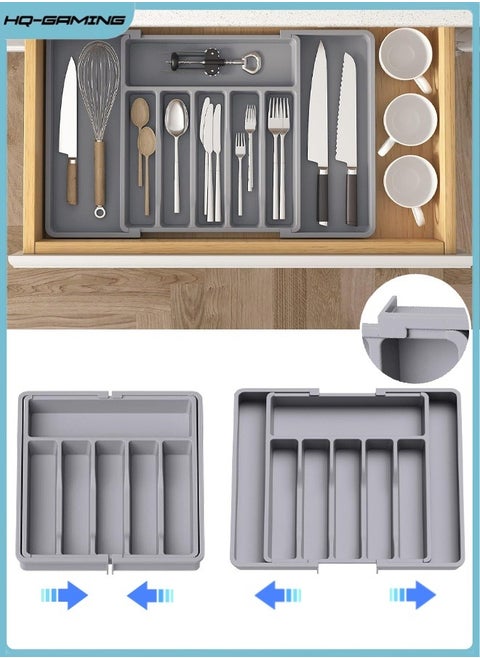 Silverware Drawer Organizer, Expandable Utensil Tray for Kitchen, BPA Free Flatware and Cutlery Holder, Adjustable Plastic Storage for Spoons Forks Knives, Large, Grey