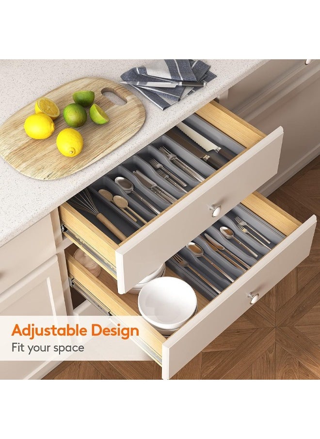 Silverware Drawer Organizer, Expandable Utensil Tray for Kitchen, BPA Free Flatware and Cutlery Holder, Adjustable Plastic Storage for Spoons Forks Knives, Large, Grey