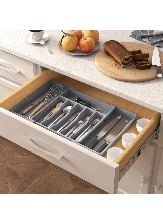Silverware Drawer Organizer, Expandable Utensil Tray for Kitchen, BPA Free Flatware and Cutlery Holder, Adjustable Plastic Storage for Spoons Forks Knives, Large, Grey