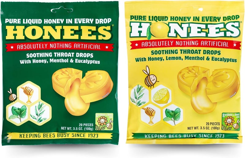 Honees Honey Filled Drops, Variety Pack (Honey and Honey Lemon)-Natural Sore Throat Relief - Throat Lozenges, Nothing Artificial - Non-GMO, Gluten Free (2 Pack-40 Drops)