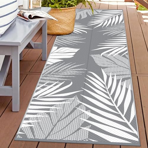 GENIMO Outdoor Rug 2.5' x 8' Waterproof for Patios Clearance, Reversible Outdoor Plastic Straw Hallway Runner Rug Carpet, Entryway Rugs Mats for Deck, Porch, Balcony, Camping, RV, Camper, Grey&White - Image 1