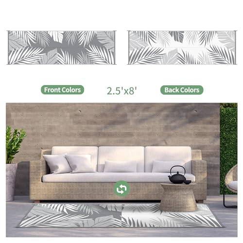 GENIMO Outdoor Rug 2.5' x 8' Waterproof for Patios Clearance, Reversible Outdoor Plastic Straw Hallway Runner Rug Carpet, Entryway Rugs Mats for Deck, Porch, Balcony, Camping, RV, Camper, Grey&White - Image 2