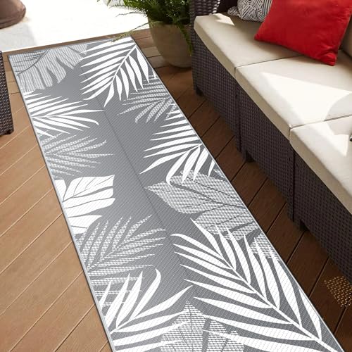 GENIMO Outdoor Rug 2.5' x 8' Waterproof for Patios Clearance, Reversible Outdoor Plastic Straw Hallway Runner Rug Carpet, Entryway Rugs Mats for Deck, Porch, Balcony, Camping, RV, Camper, Grey&White - Image 3