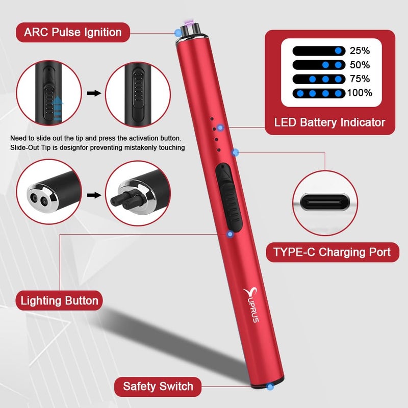 SUPRUS Electric Arc Windproof Flameless USB Rechargeable Lighter with Safety Lock for Candle (Red) - Image 3