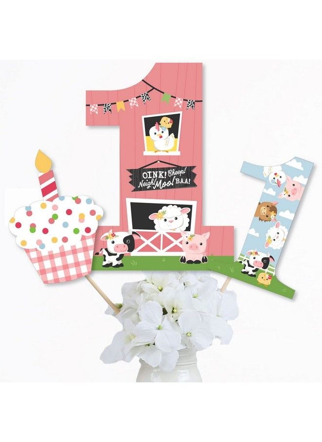 Big Dot of Happiness 1St Birthday Girl Farm Animals Pink Barnyard First Birthday Party Centerpiece Sticks Table Toppers Set Of 15  - Image 3