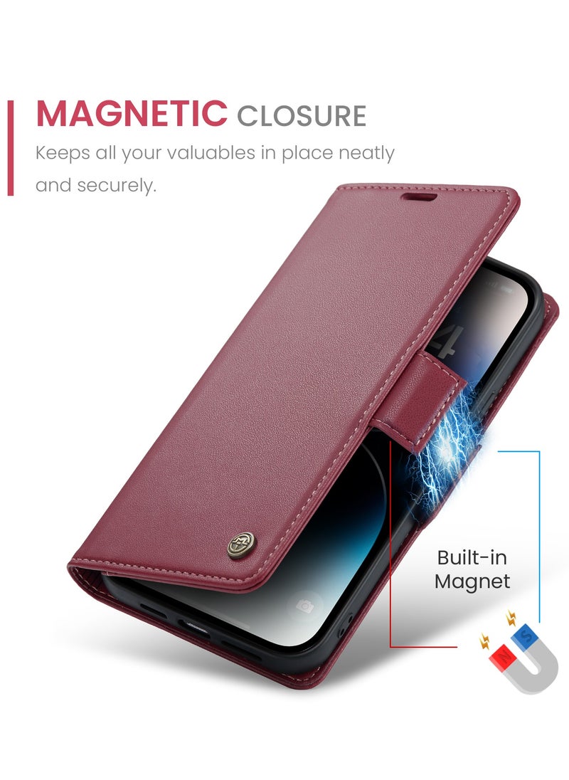 CaseMe - Flip Wallet Case For Apple iPhone 14 Pro Max, [RFID Blocking] PU Leather Wallet Flip Folio Case with Card Holder Kickstand Shockproof Phone Cover (Red) - Image 1