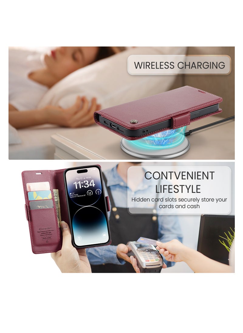 CaseMe - Flip Wallet Case For Apple iPhone 14 Pro Max, [RFID Blocking] PU Leather Wallet Flip Folio Case with Card Holder Kickstand Shockproof Phone Cover (Red) - Image 1