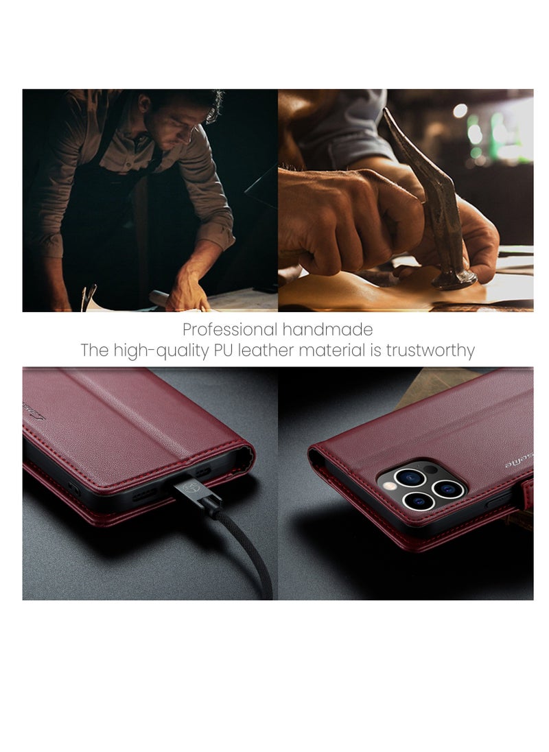 CaseMe - Flip Wallet Case For Apple iPhone 14 Pro Max, [RFID Blocking] PU Leather Wallet Flip Folio Case with Card Holder Kickstand Shockproof Phone Cover (Red) - Image 1