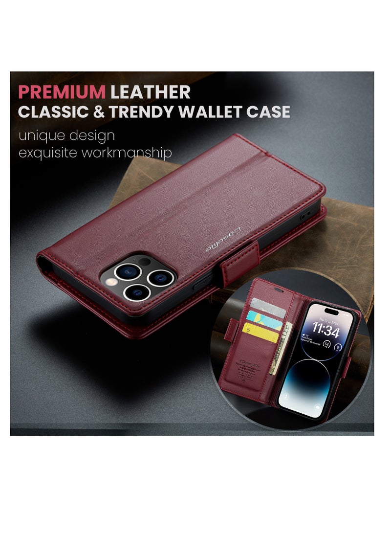CaseMe - Flip Wallet Case For Apple iPhone 14 Pro Max, [RFID Blocking] PU Leather Wallet Flip Folio Case with Card Holder Kickstand Shockproof Phone Cover (Red) - Image 1
