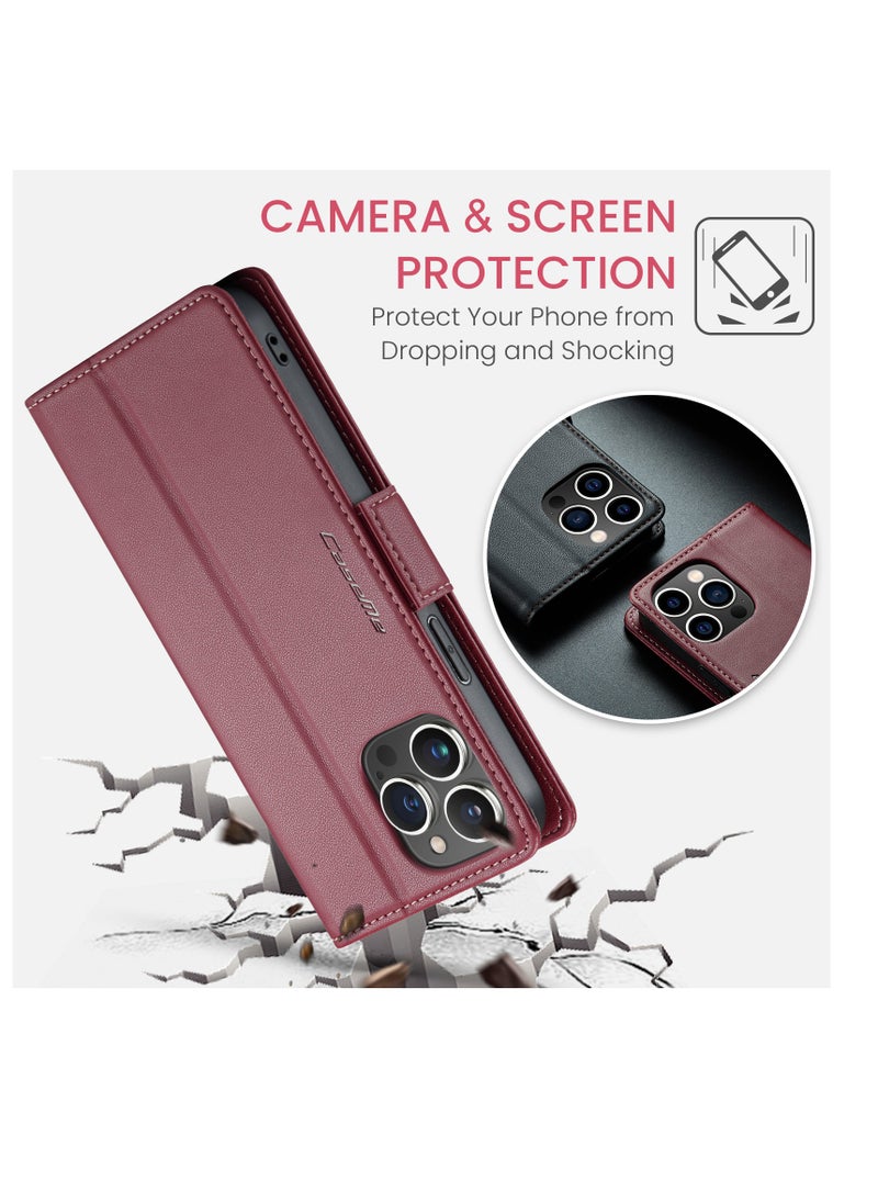 CaseMe - Flip Wallet Case For Apple iPhone 14 Pro Max, [RFID Blocking] PU Leather Wallet Flip Folio Case with Card Holder Kickstand Shockproof Phone Cover (Red) - Image 1